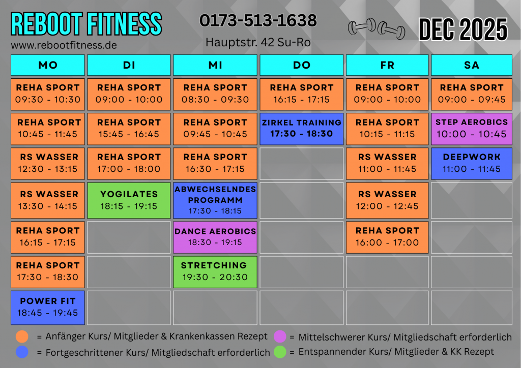 Kursplan Dezember Fitness und Rehasport