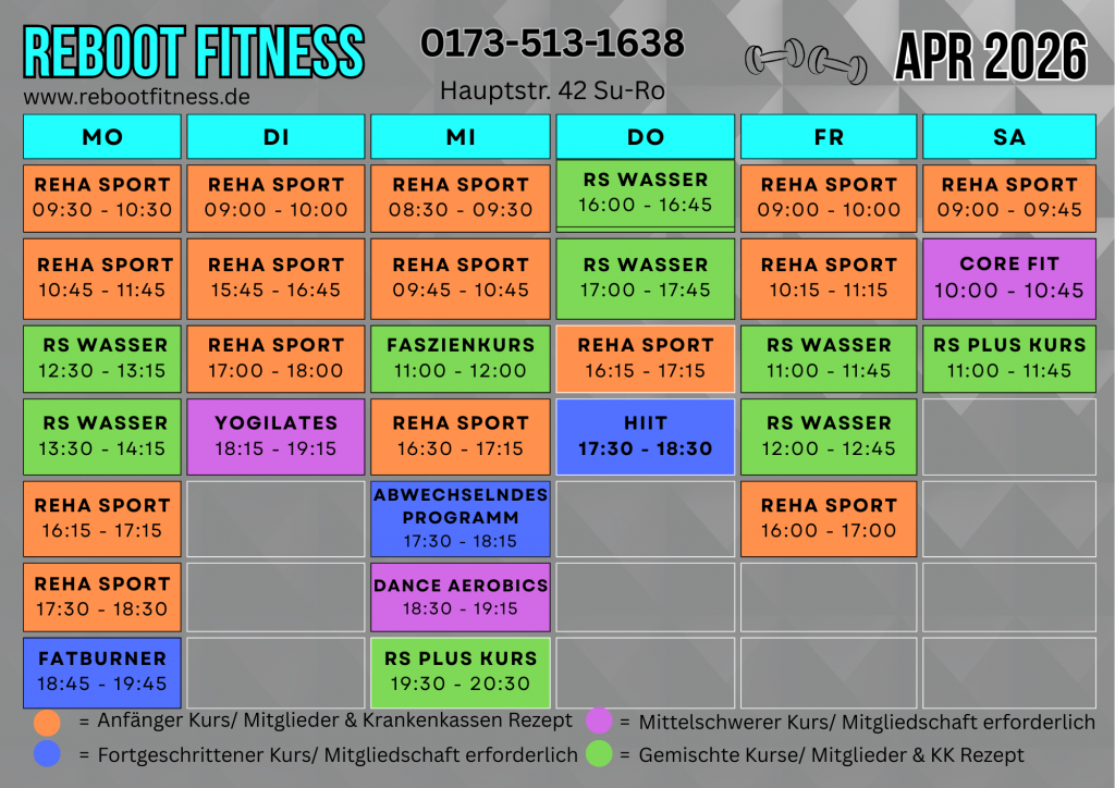 Aktueller Kursplan von Reboot Fitness für April 2026 mit Übersicht der Kurse von Montag bis Samstag, inklusive Rehasport, Wassergymnastik, HIIT und Yoga.